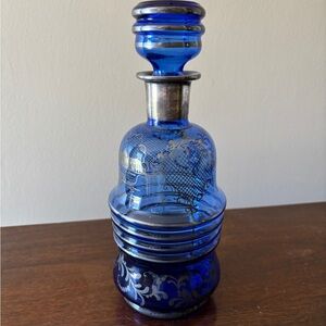 Vintage Murano Blue Glass Decanter with Silver Accents